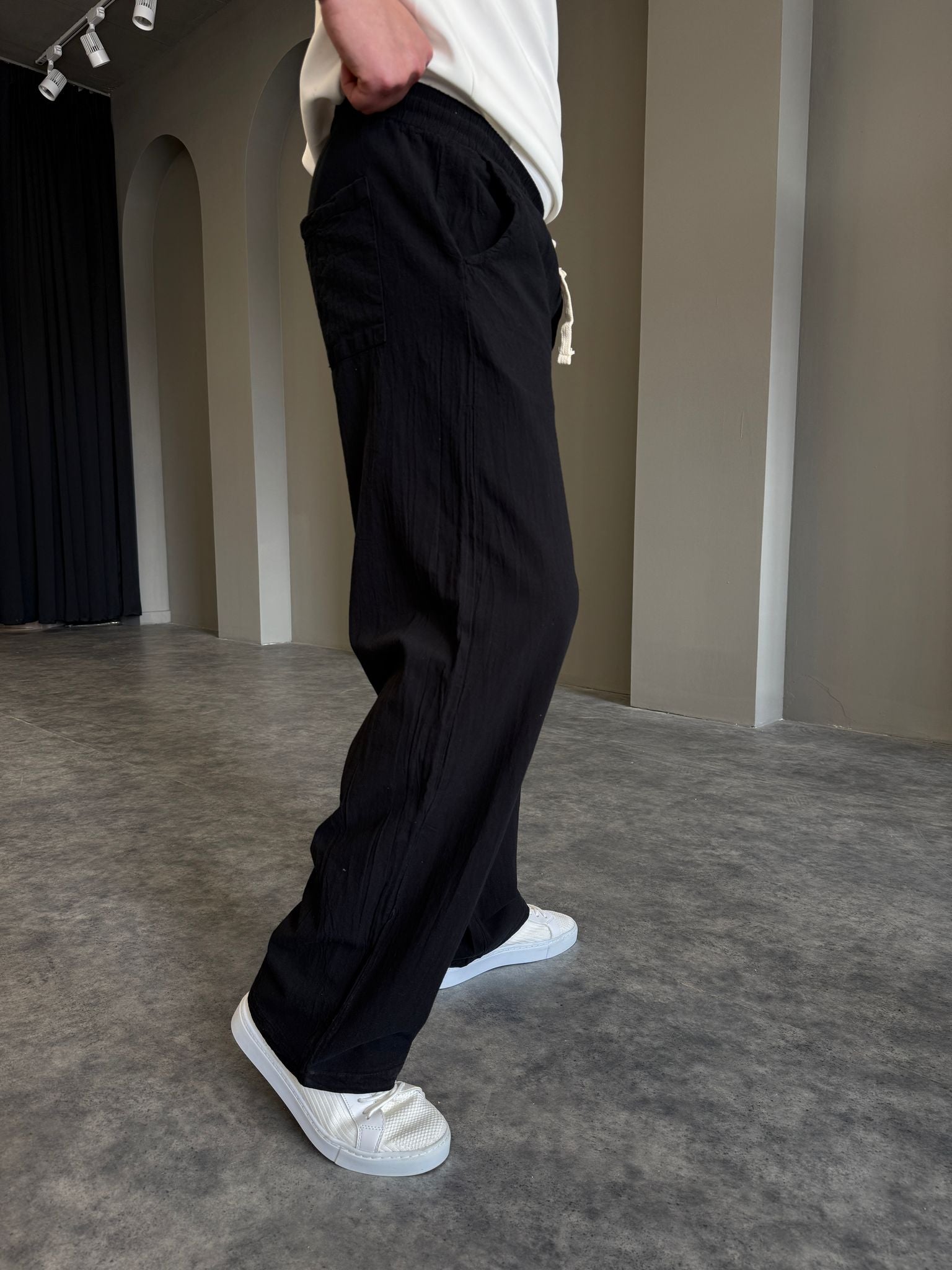 Siyah Baggy Keten Pantolon