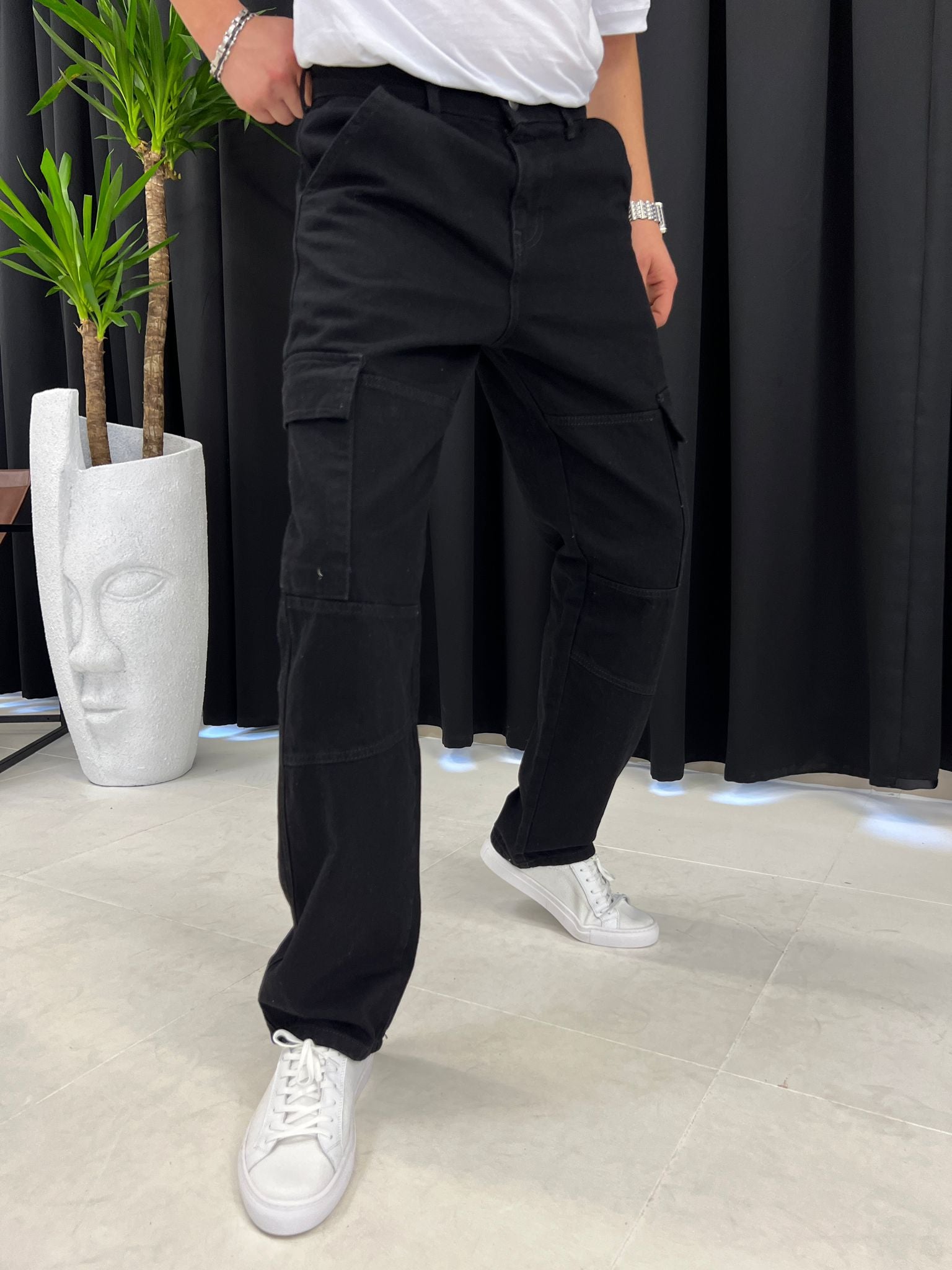 Siyah Kargo Cep Baggy Pantolon