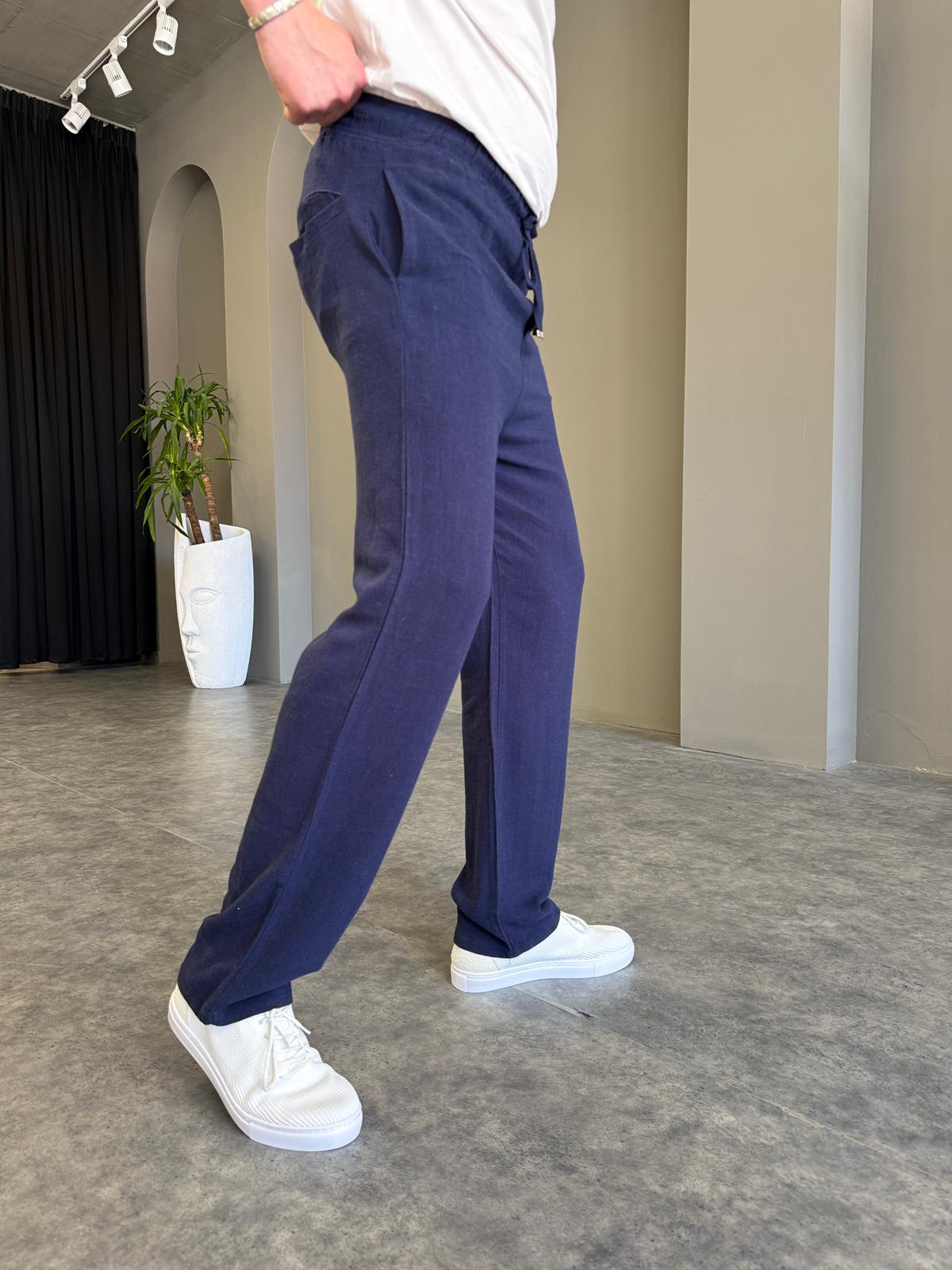 Lacivert Yıkamalı Viskon Keten Pantolon