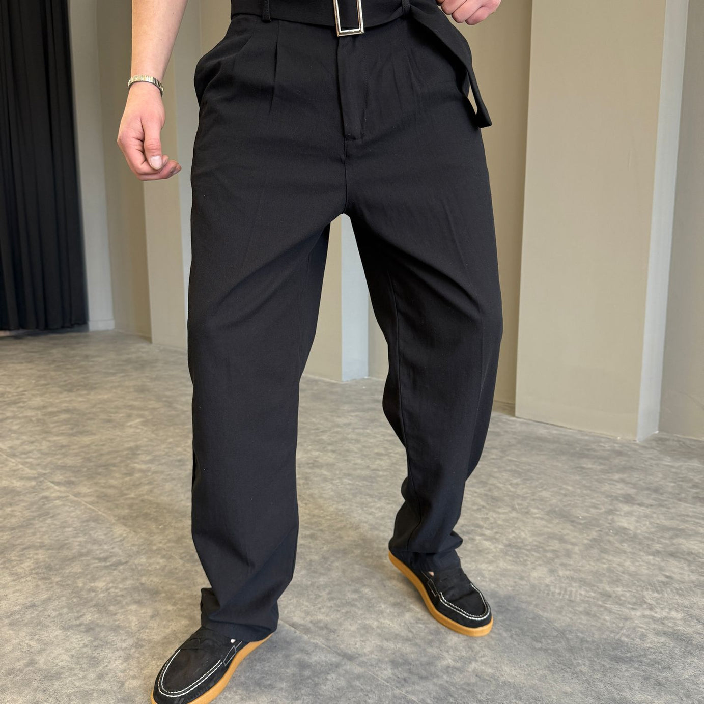 Lacivert Pamuk Keten Kemerli Pantolon