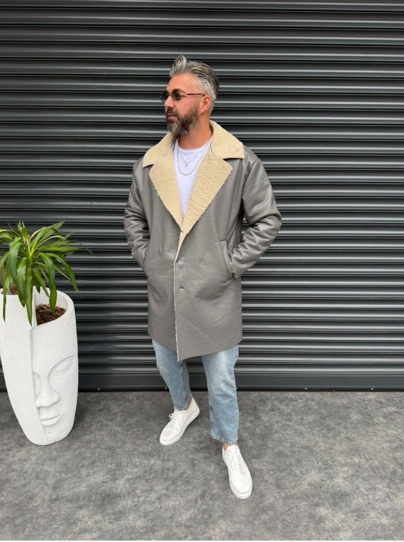 Gri İçi Napa Kürklü Uzun Deri Mont