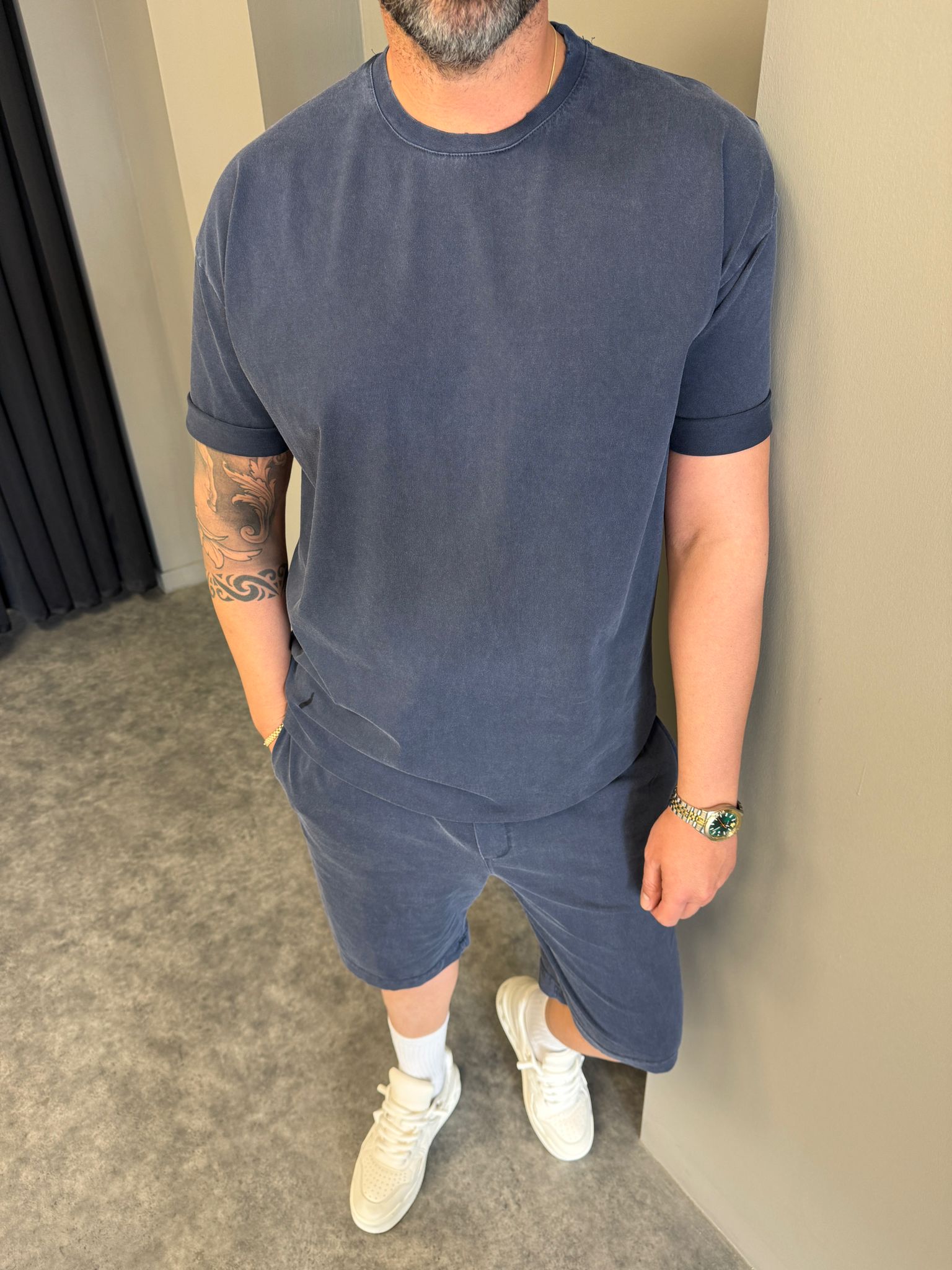 Lacivert Yıkamalı Şortlu Takım