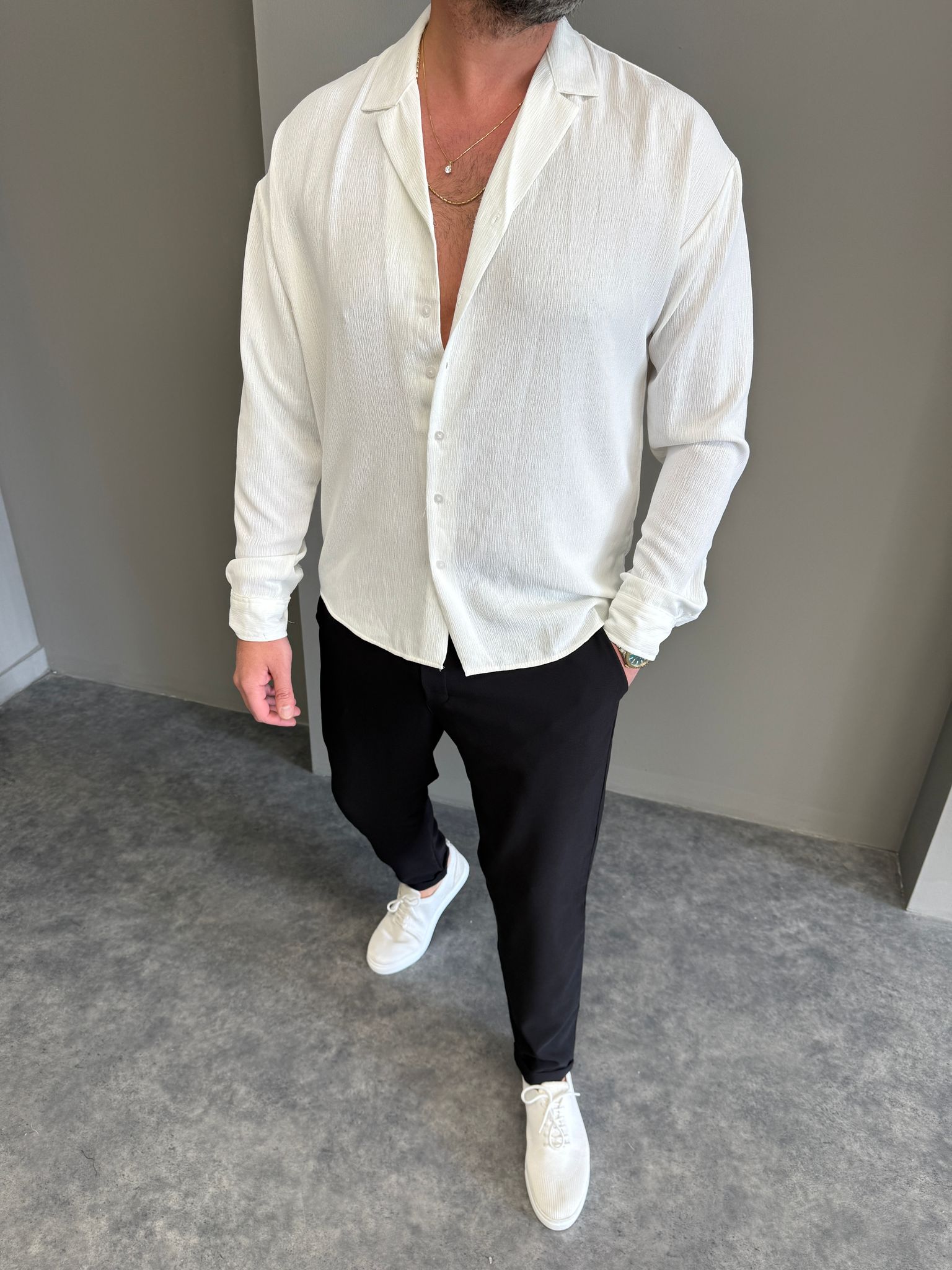 Beyaz Vual Kumaş Gömlek