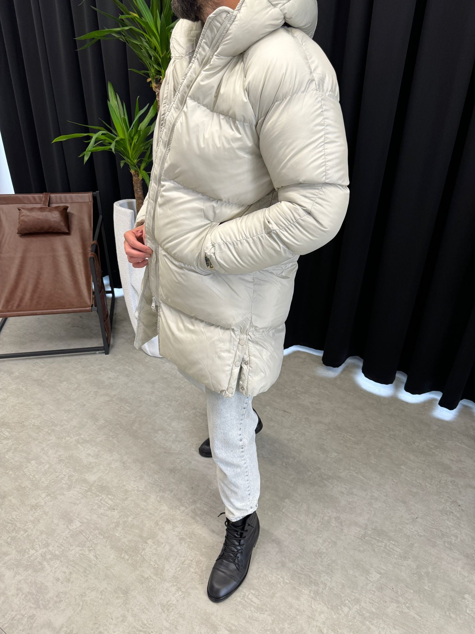 Krem Uzun Şişme Mont