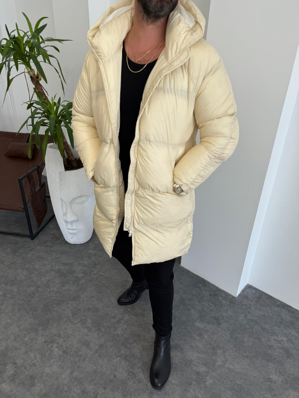 Krem Uzun Şişme Mont