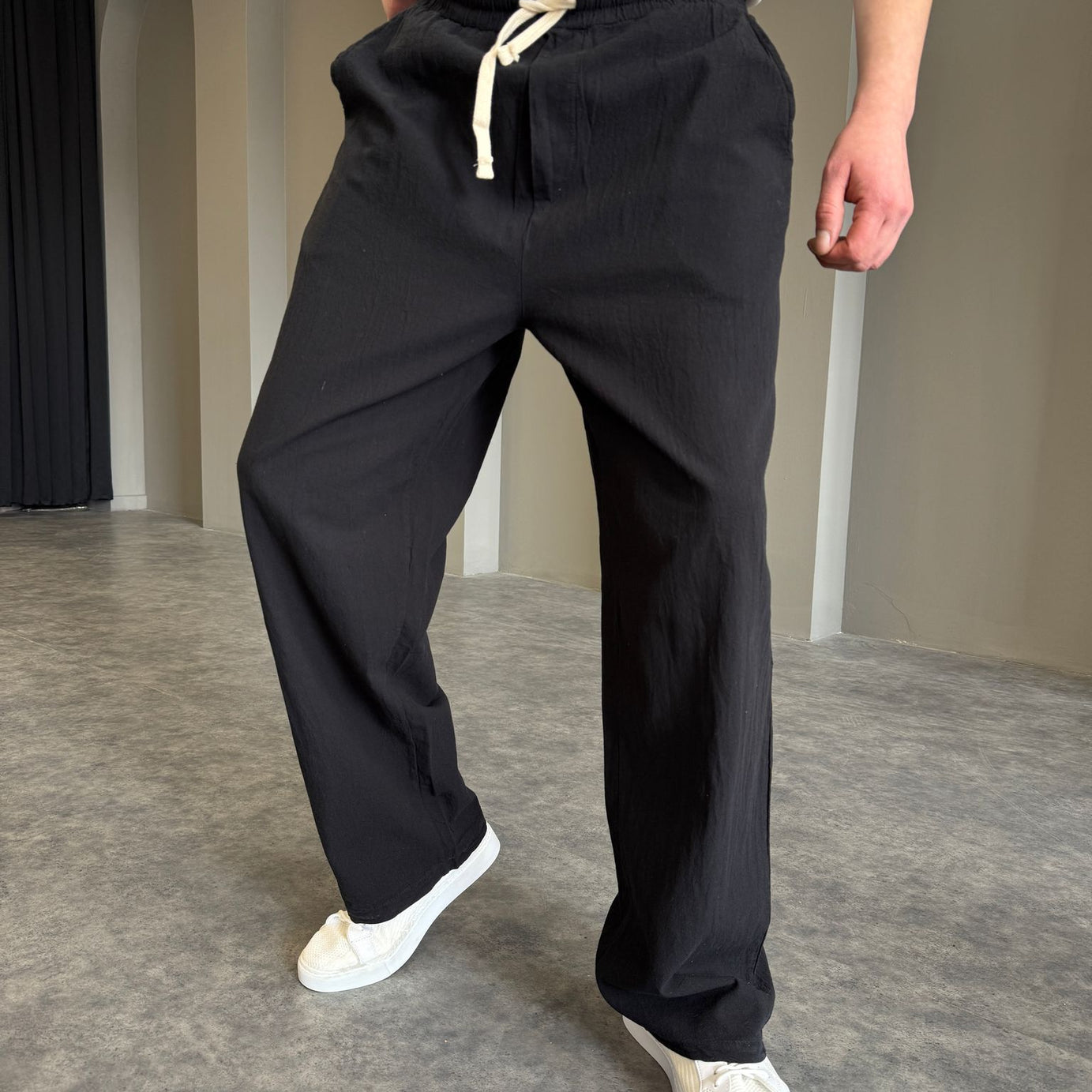 Siyah Baggy Keten Pantolon