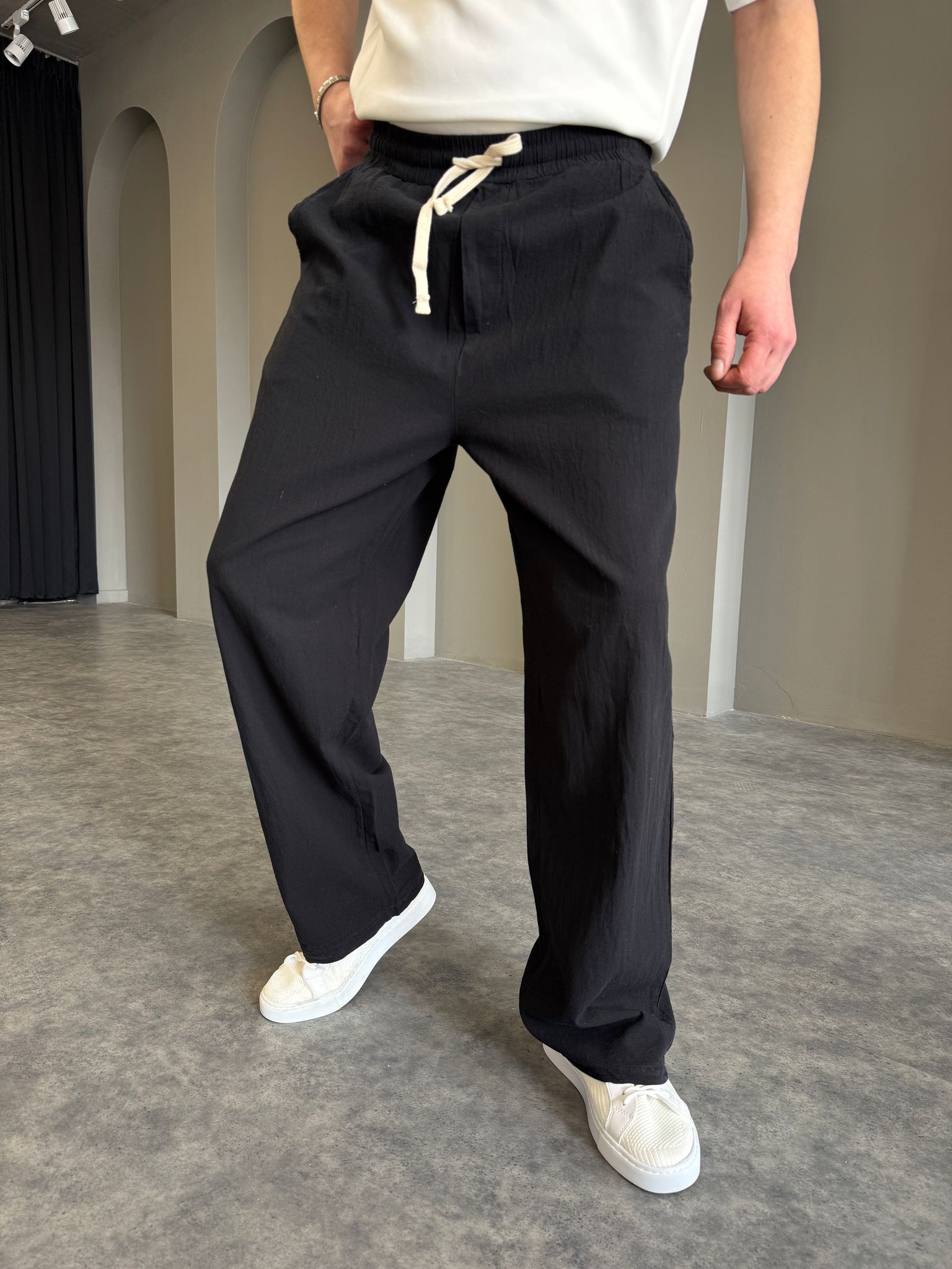 Siyah Baggy Keten Pantolon