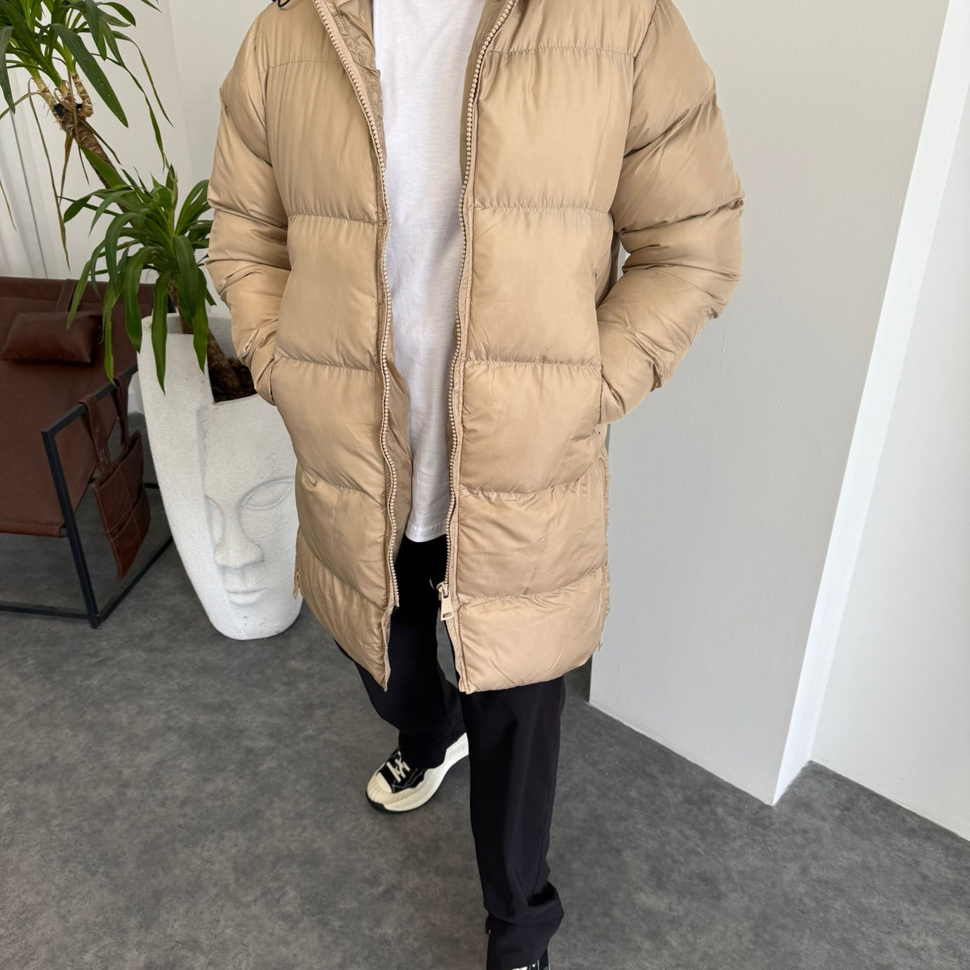 Fermuarlı Krem Uzun Şişme Mont