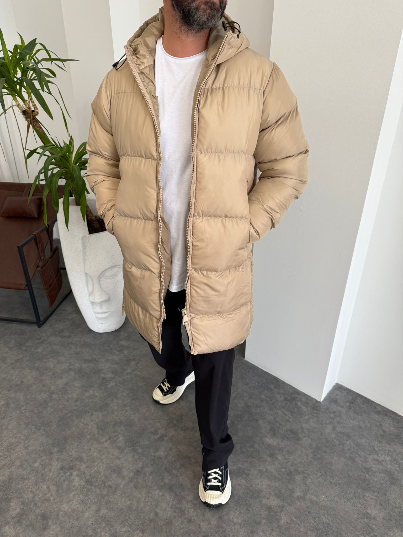 Fermuarlı Krem Uzun Şişme Mont