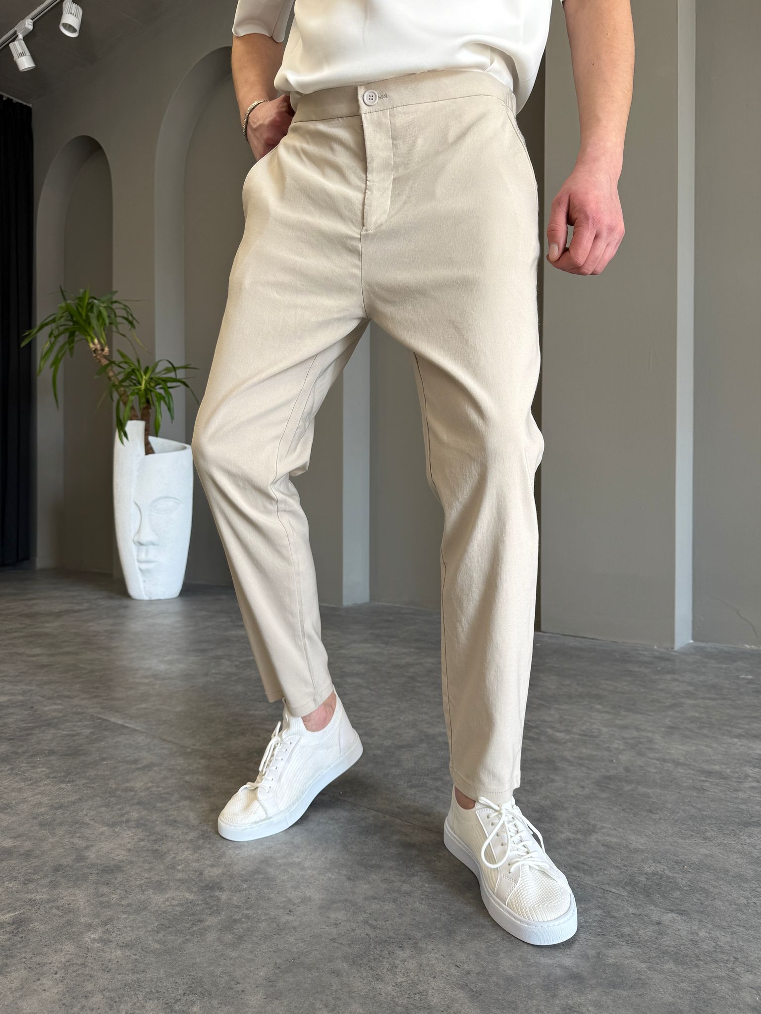 Krem Bel Lastikli Pantolon