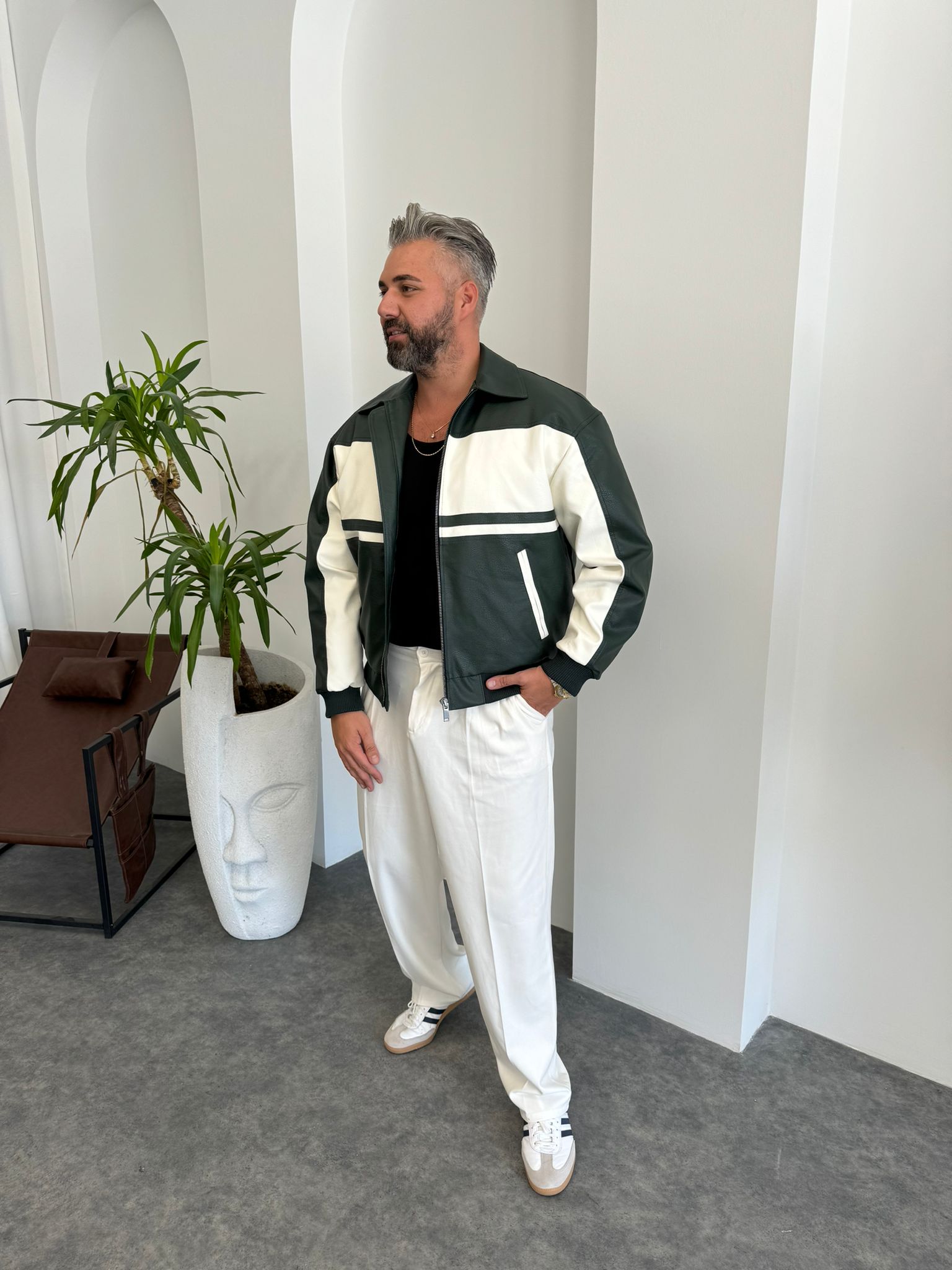 Yeşil Çift Renk Deri Ceket