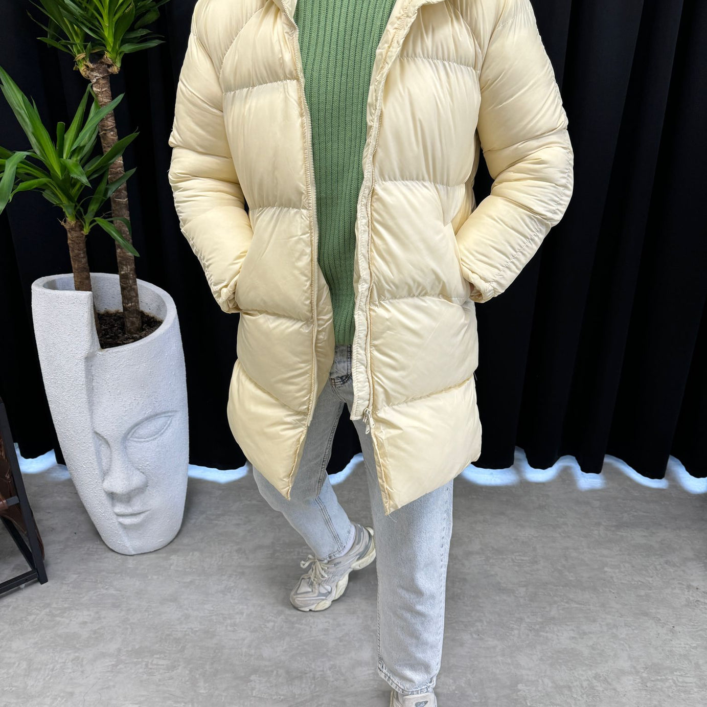 Krem Uzun Şişme Mont