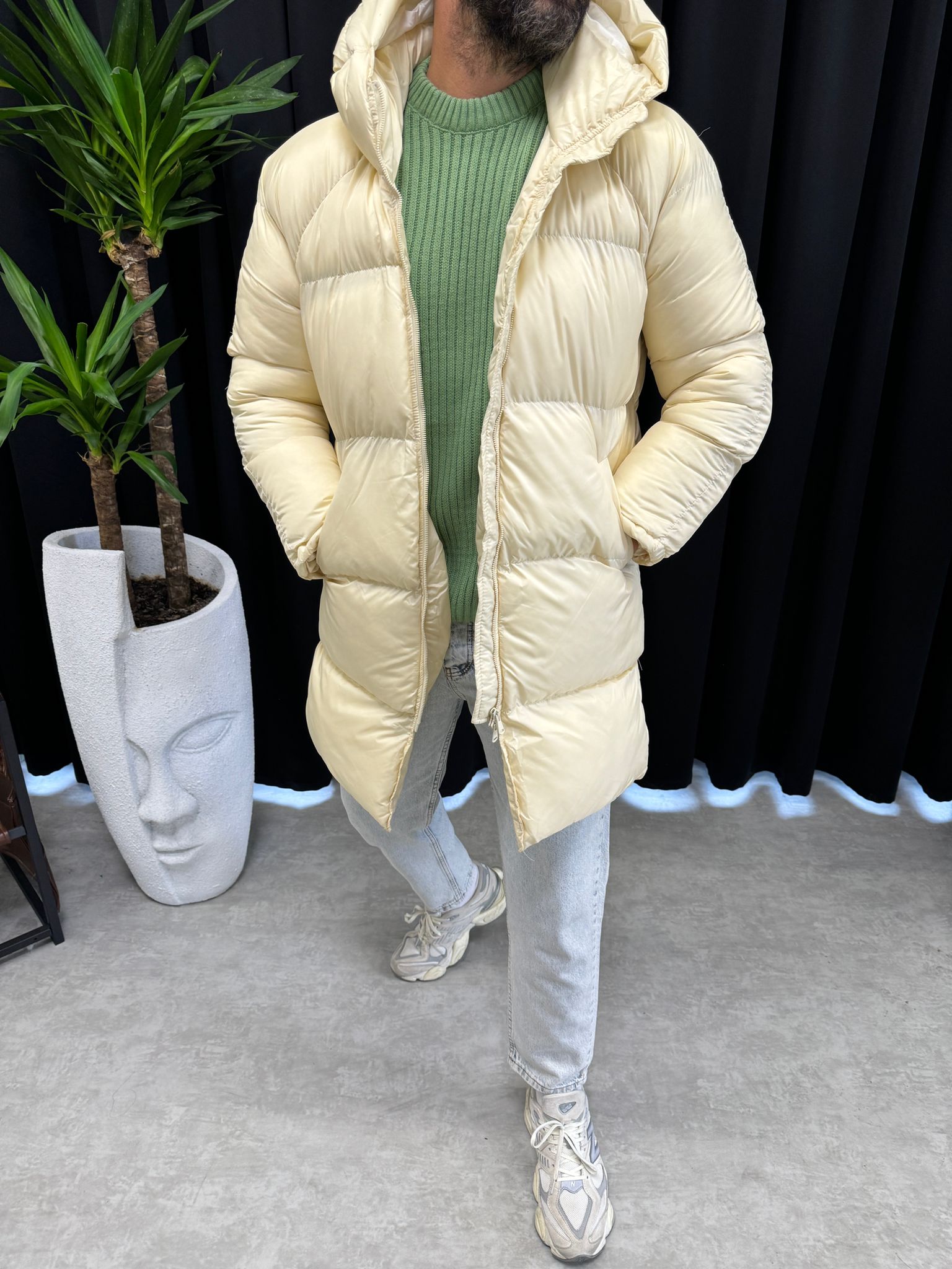 Krem Uzun Şişme Mont