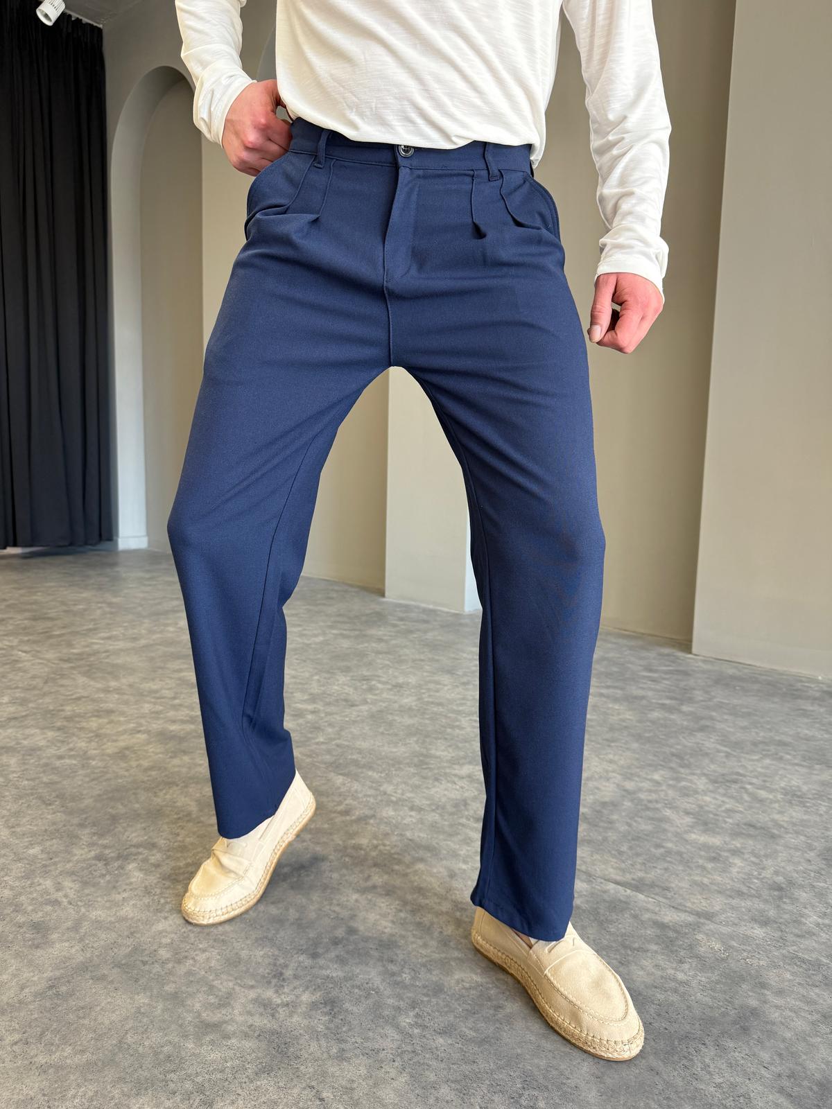 Lacivert Pileli Kumaş Baggy Pantolon