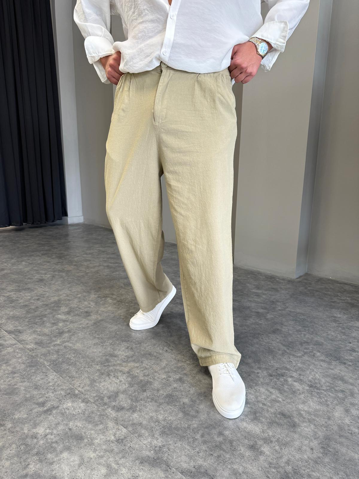 Siyah Bel Lastik Baggy Keten Pantolon