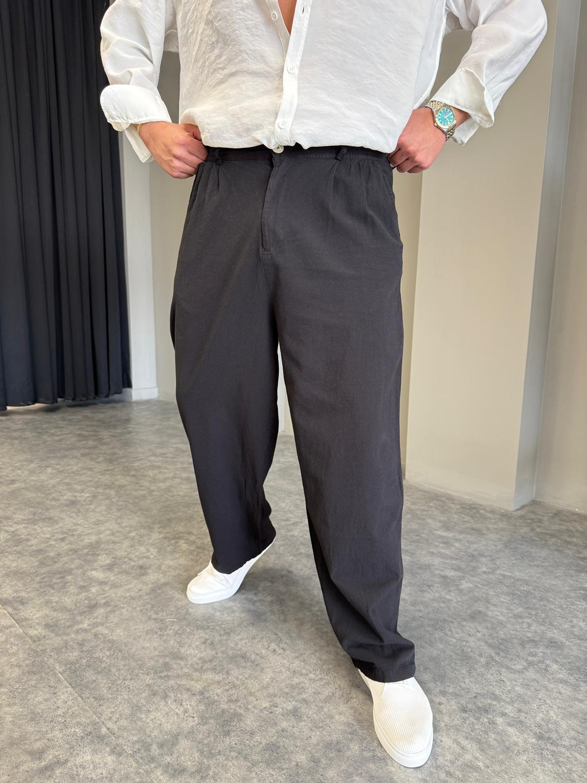 Siyah Bel Lastik Baggy Keten Pantolon