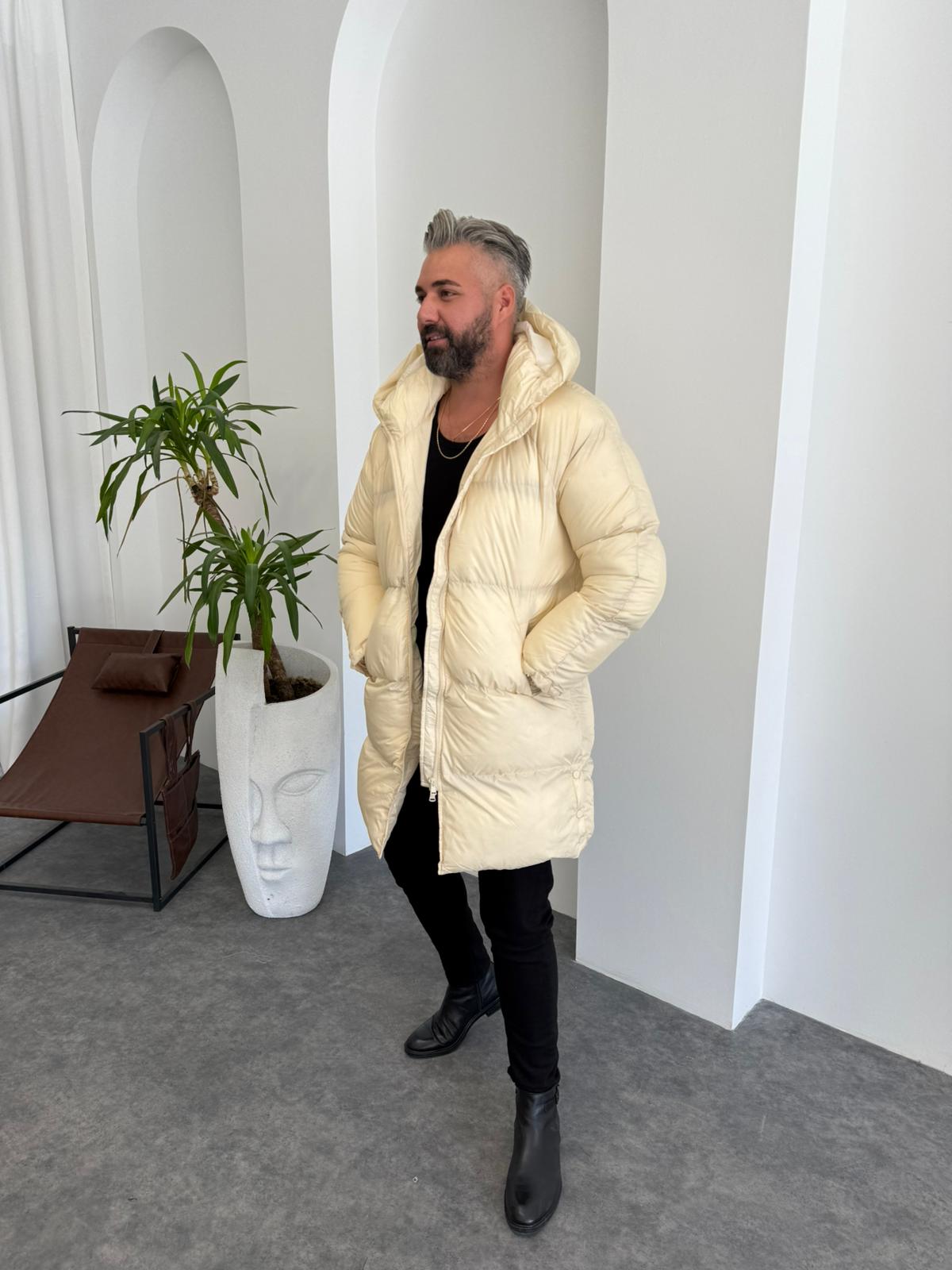 Krem Uzun Şişme Mont